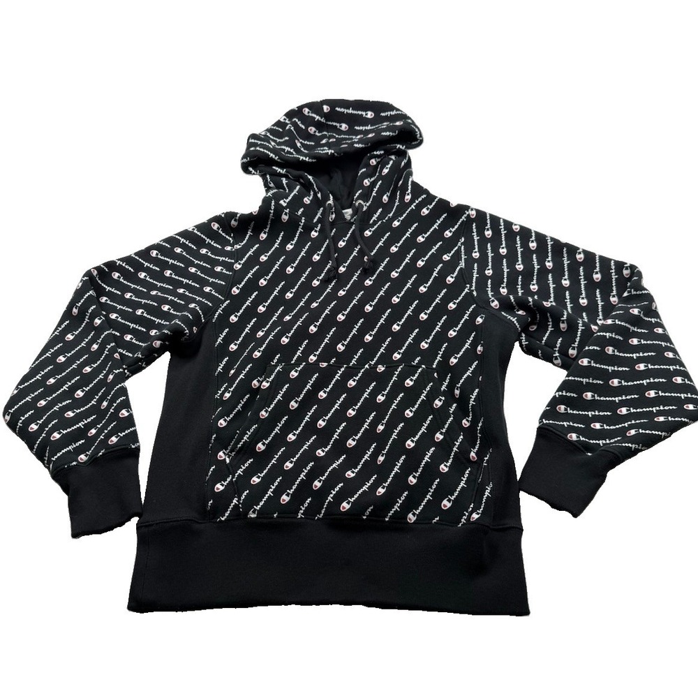 Champion Reverse Weave Sweatshirt Mens S Black AOP All Over Print Logo Hoodie